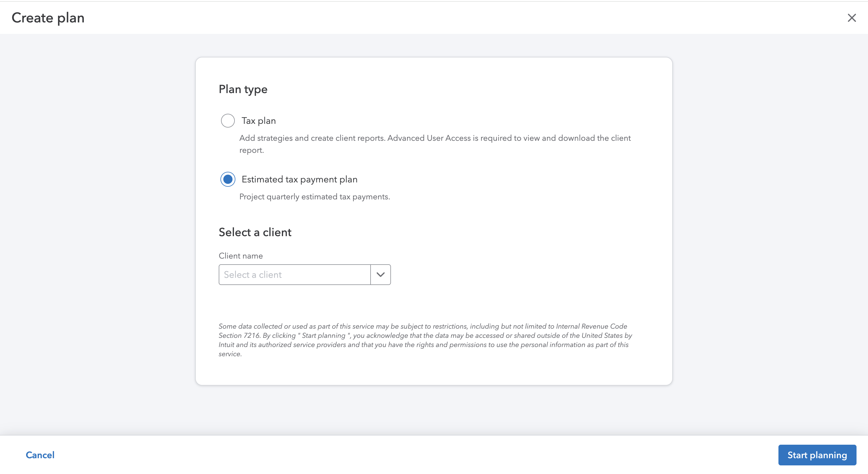 Intuit Tax Advisor create plan screen