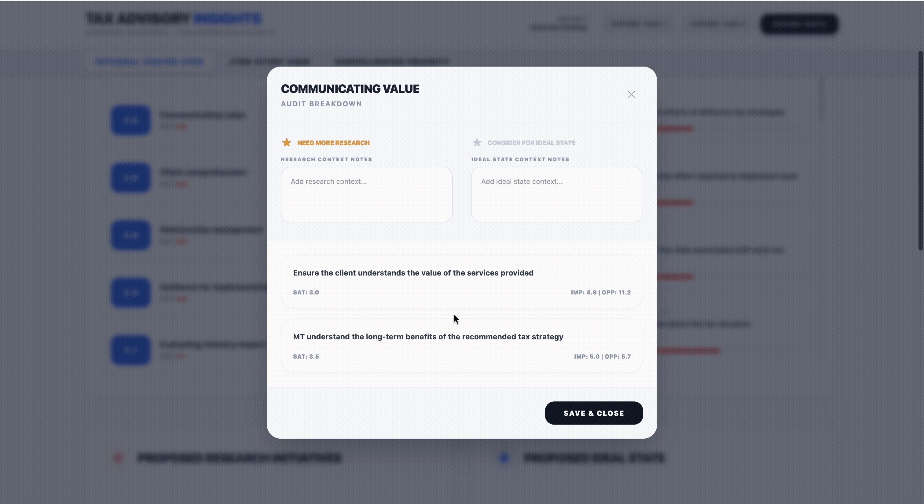 Dashboard — Theme detail modal with audit breakdown