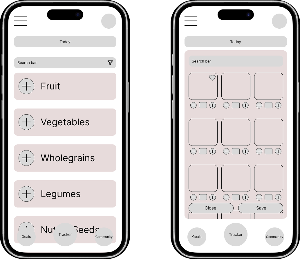 Lo-fi wireframes — plant category selection and grid save flow
